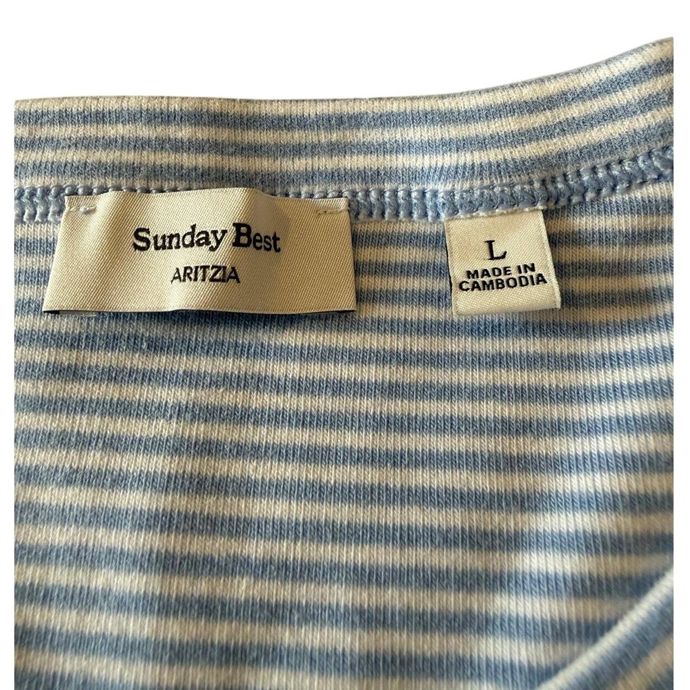 Sunday Best Aritzia Womens Blue White Striped Ribbed Crew Neck T-Shirt Size L - Picture 2 of 5